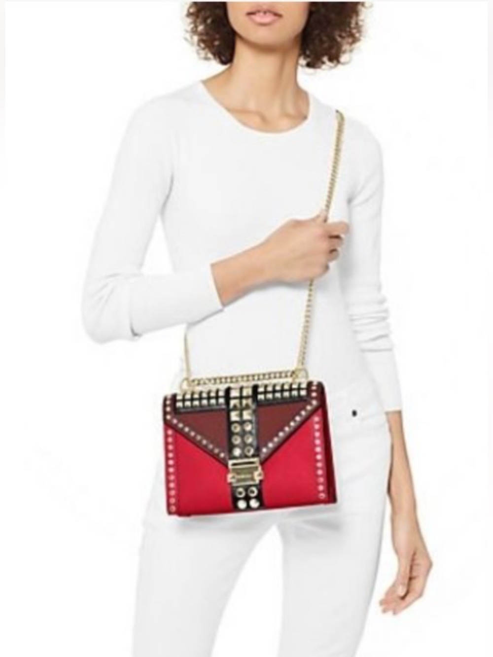 Michael Kors Whitney Studded Chain Strap Shoulder Bag - Red Burgundy Black